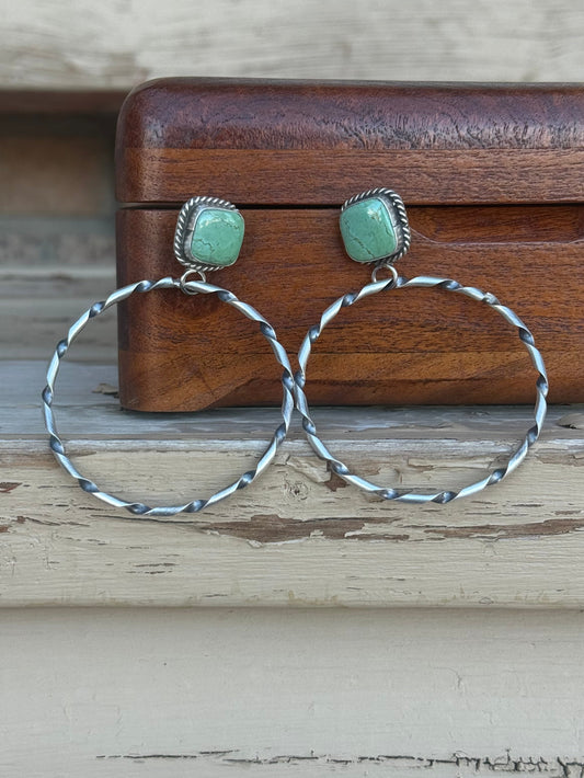 Navajo Handmade Kingman Turquoise Stud Hoops Set in Sterling Silver