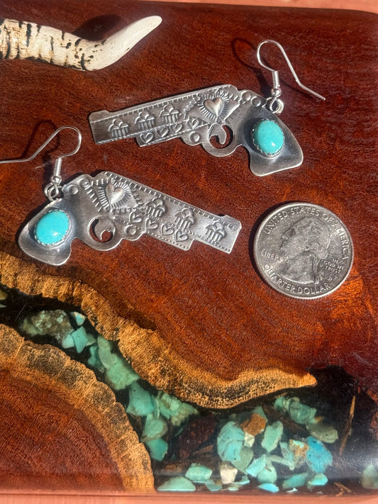 Navajo Handmade Kingman Turquoise Gun Dangle Earrings
