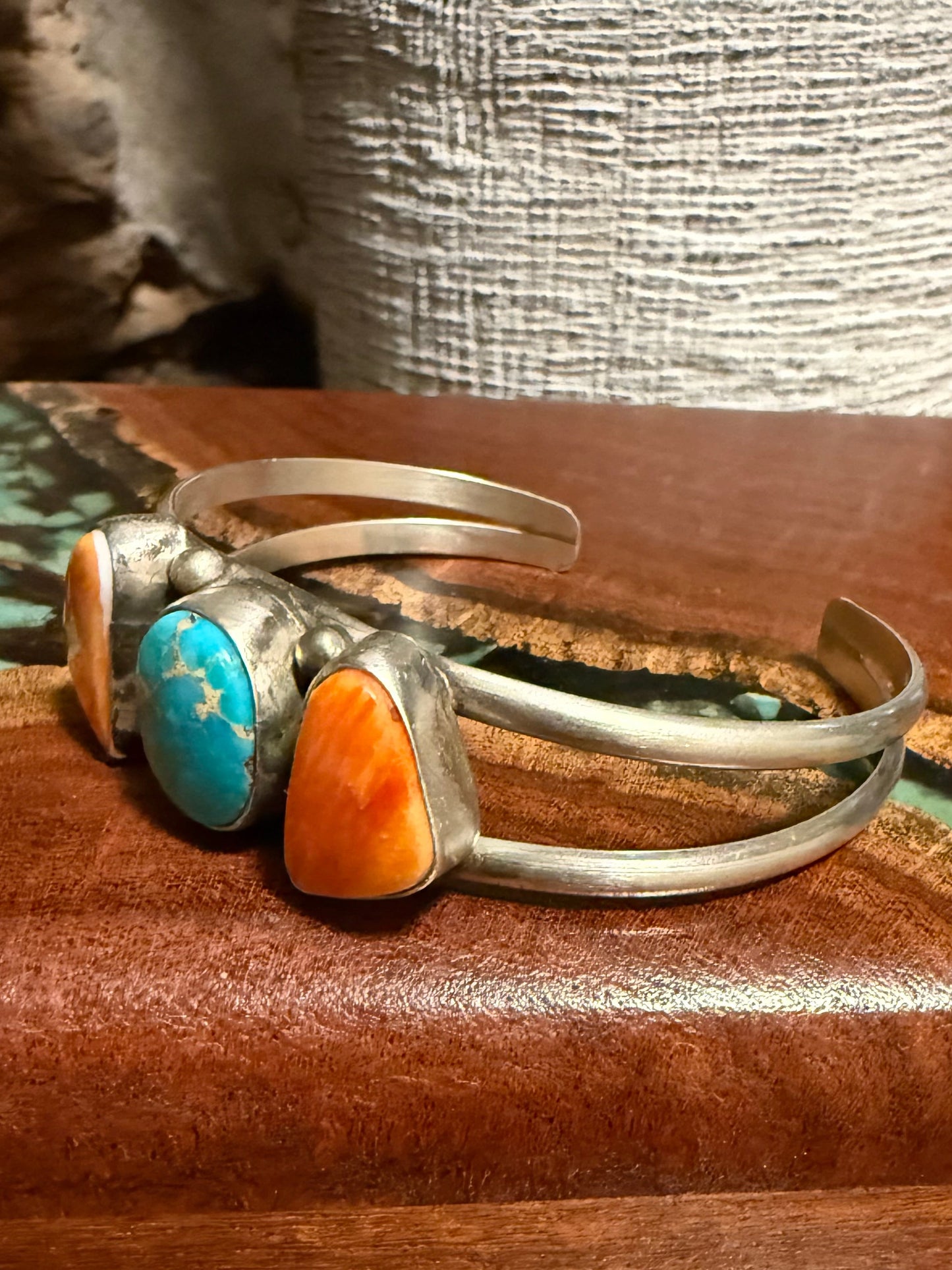 Augustine Largo Navajo Handmade 3 Stone Cuff Set in Sterling Silver