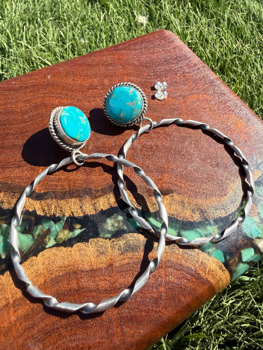 Navajo Handmade Kingman Turquoise Stud Hoops
