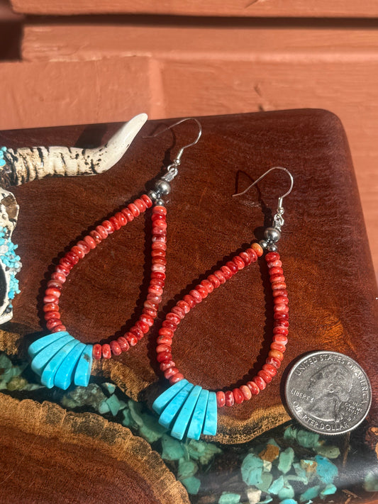 Hand Strung Kingman Turquoise and Spiny Oyster Teardrop Dangle Earrings