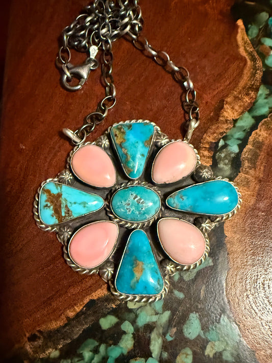 BIG Navajo Handmade Kingman Turquoise and Pink Conch Cluster Pendant Necklace