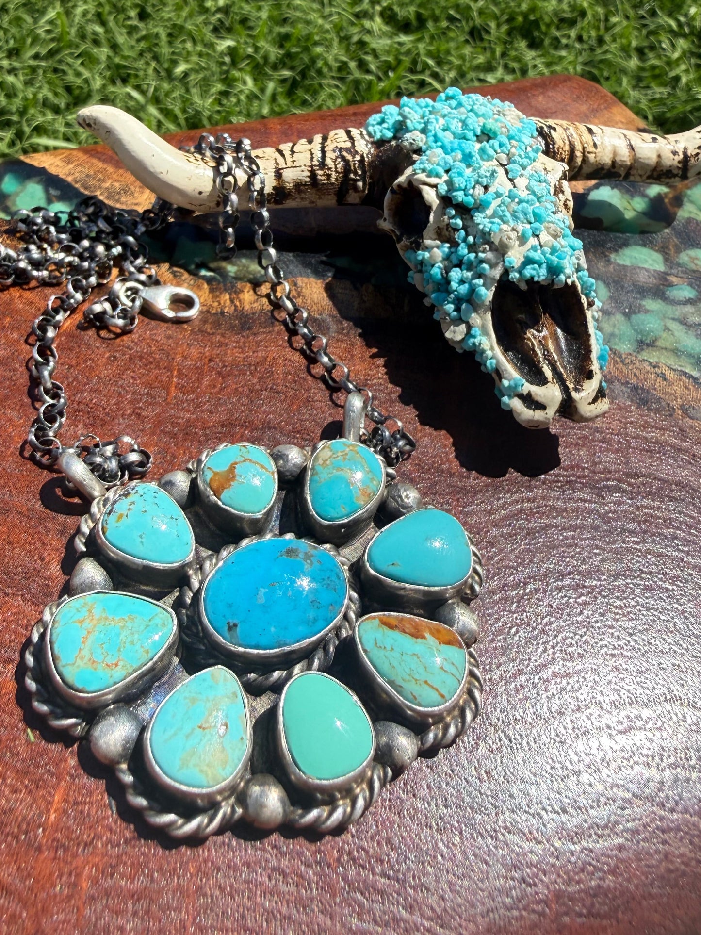 Navajo Handmade Kingman Turquoise Cluster On fixed 16” Chain