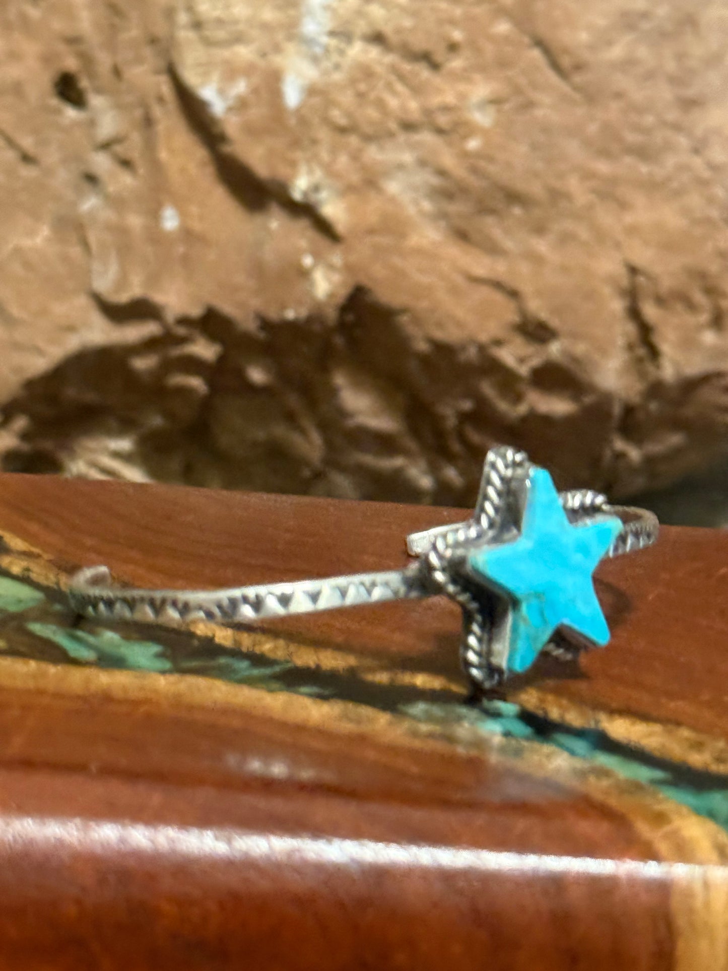 Navajo Handmade Kingman Turquoise Star Bracelet Set in Sterling Silver. Made by Donovan Skeet.