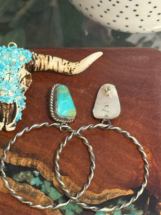 Navajo Handmade Kingman Turquoise Hoops