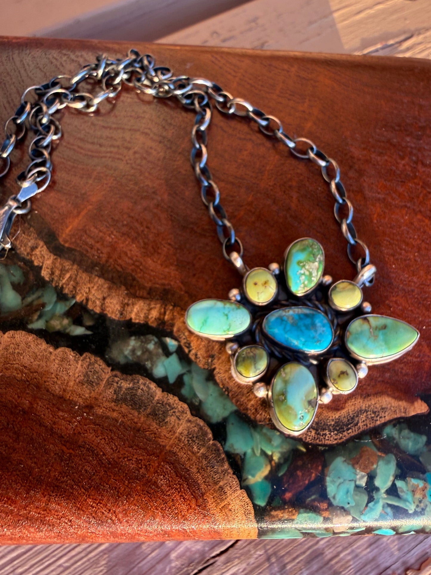 Navajo Handmade Sonoran Turquoise Cluster Pendant Necklace