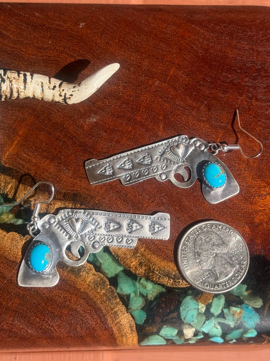 Navajo Handmade Kingman Turquoise Gun Dangle Earrings