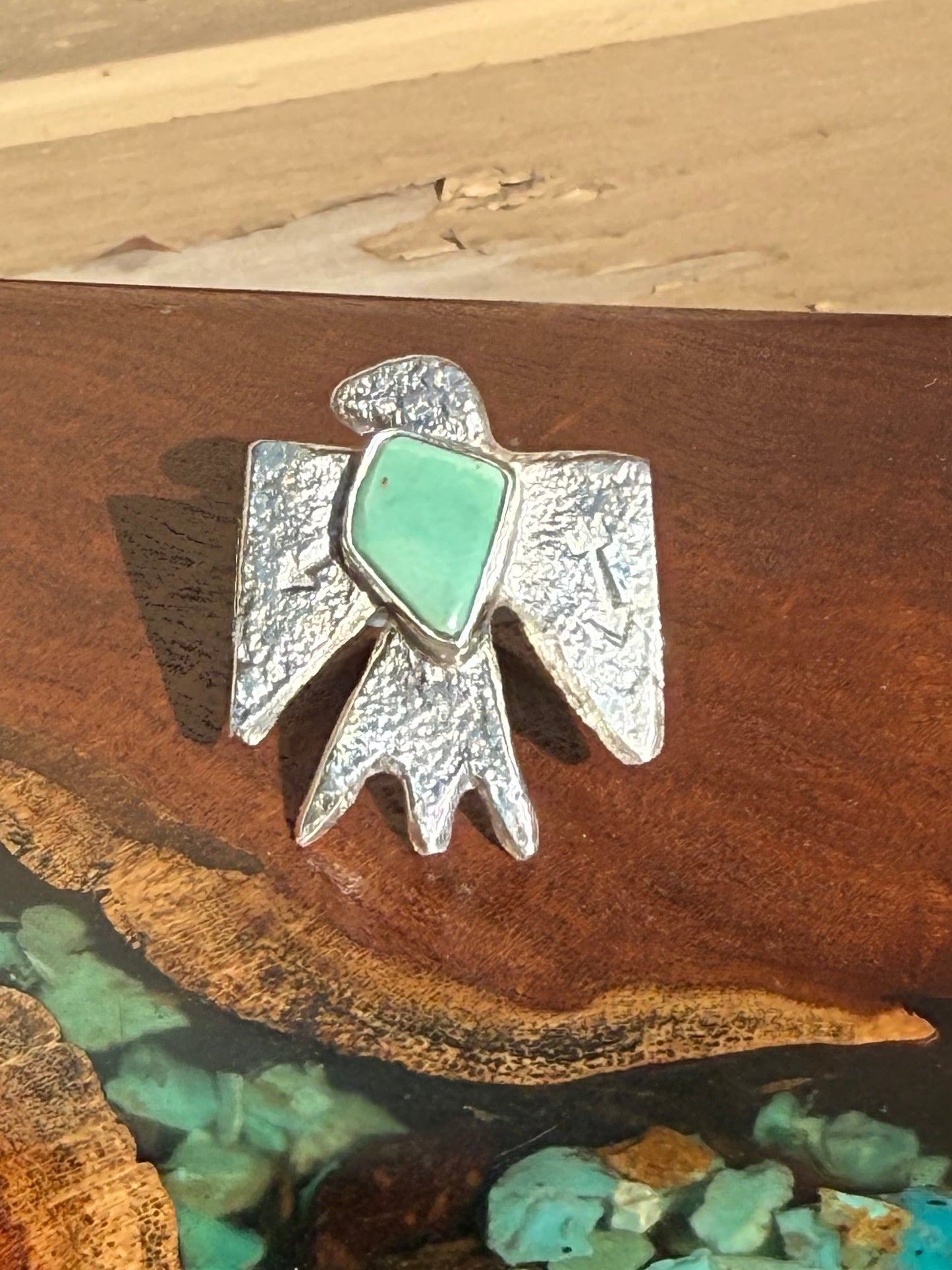 Zuni Handmade Adjustable Kingman Turquoise Thunderbird Ring