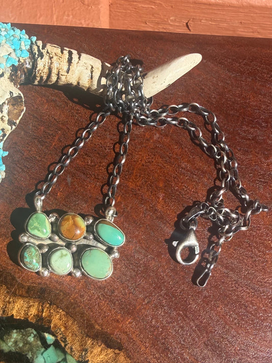 Navajo Handmade Kingman Turquoise 6 stone Bar Necklace