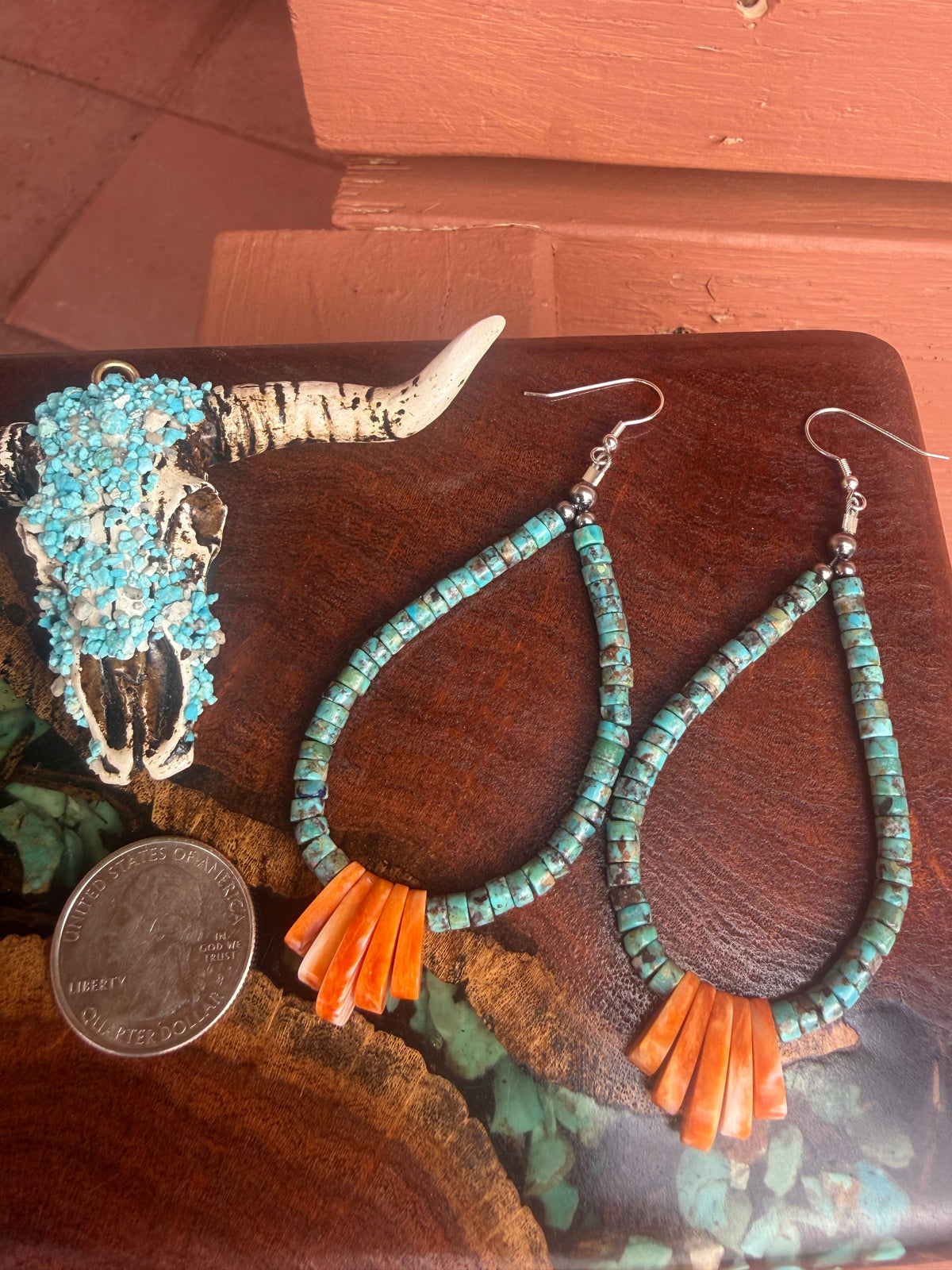 Hand Strung Kingman Turquoise and Spiny Oyster Teardrop Dangle Earrings