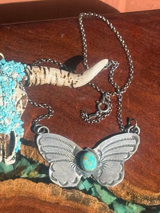 Navajo Handmade Kingman Butterfly Pendant Necklace