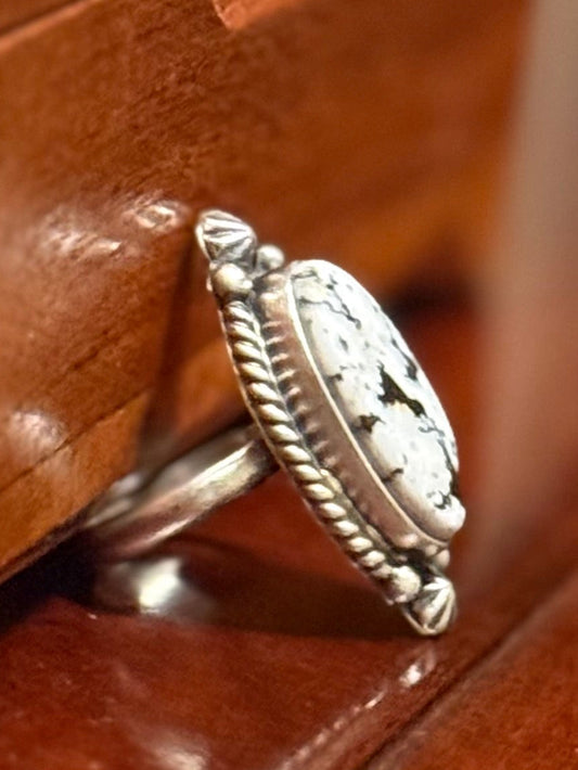 Navajo Handmade White Buffalo Adjustable Ring Set In Sterling Silver
