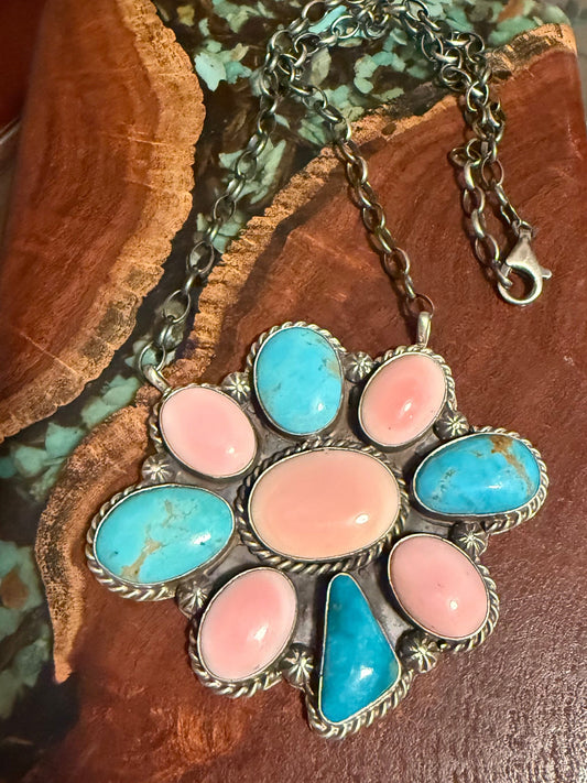 Navajo Handmade Pink Conch and Kingman Turquoise Cluster Pendant Necklace on 18” Chain