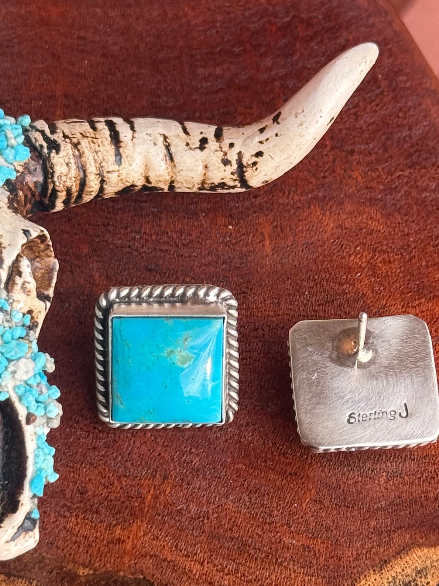 Navajo Handmade Kingman Turquoise Stud Square Earrings