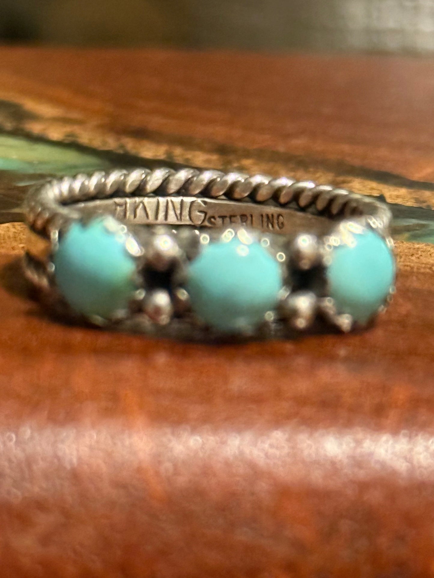 Navajo Handmade 3 Stone Kingman Turquoise Ring -Made by Ray King