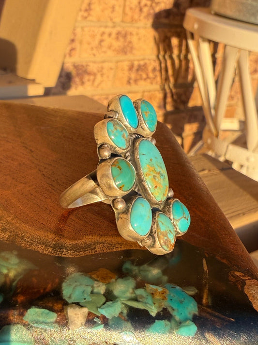 Navajo Handmade Half Cluster Kingman Turquoise Adjustable Ring