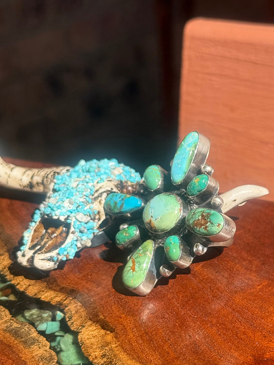 Navajo Handmade Sonoran Turquoise Cluster Adjustable Ring