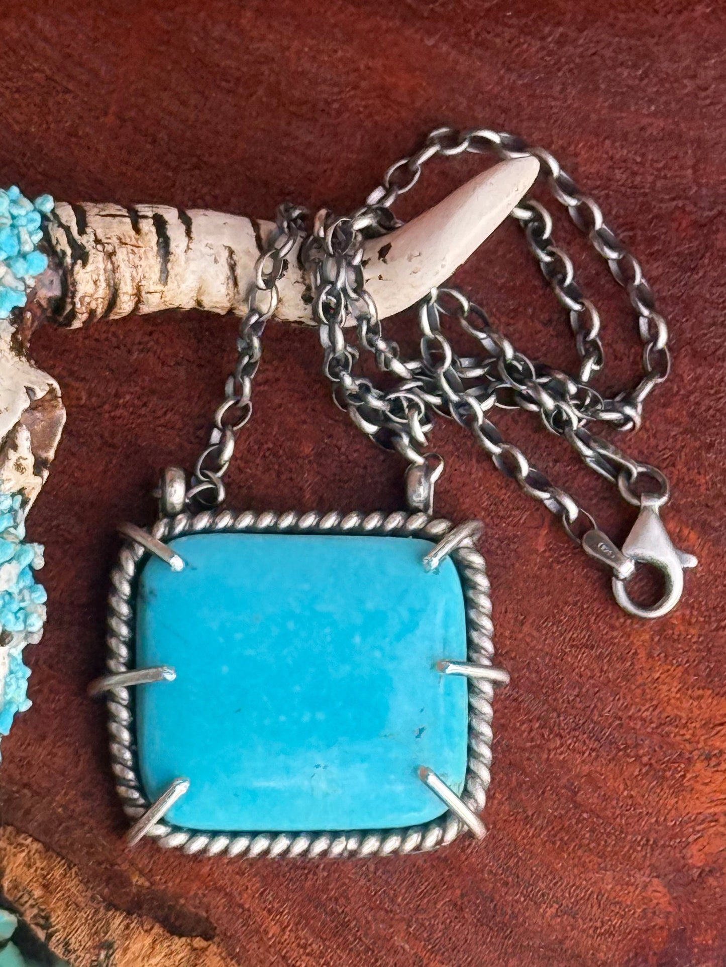 Navajo Handmade Kingman Turquoise Waterproof Square Necklace