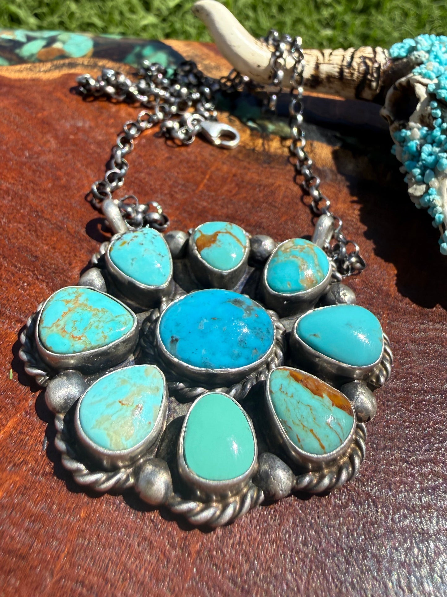 Navajo Handmade Kingman Turquoise Cluster On fixed 16” Chain