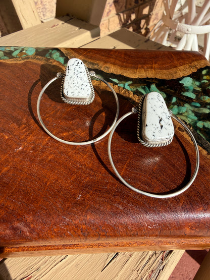 Navajo Hamdmade Magnesite Hoops Set in Sterling Silver