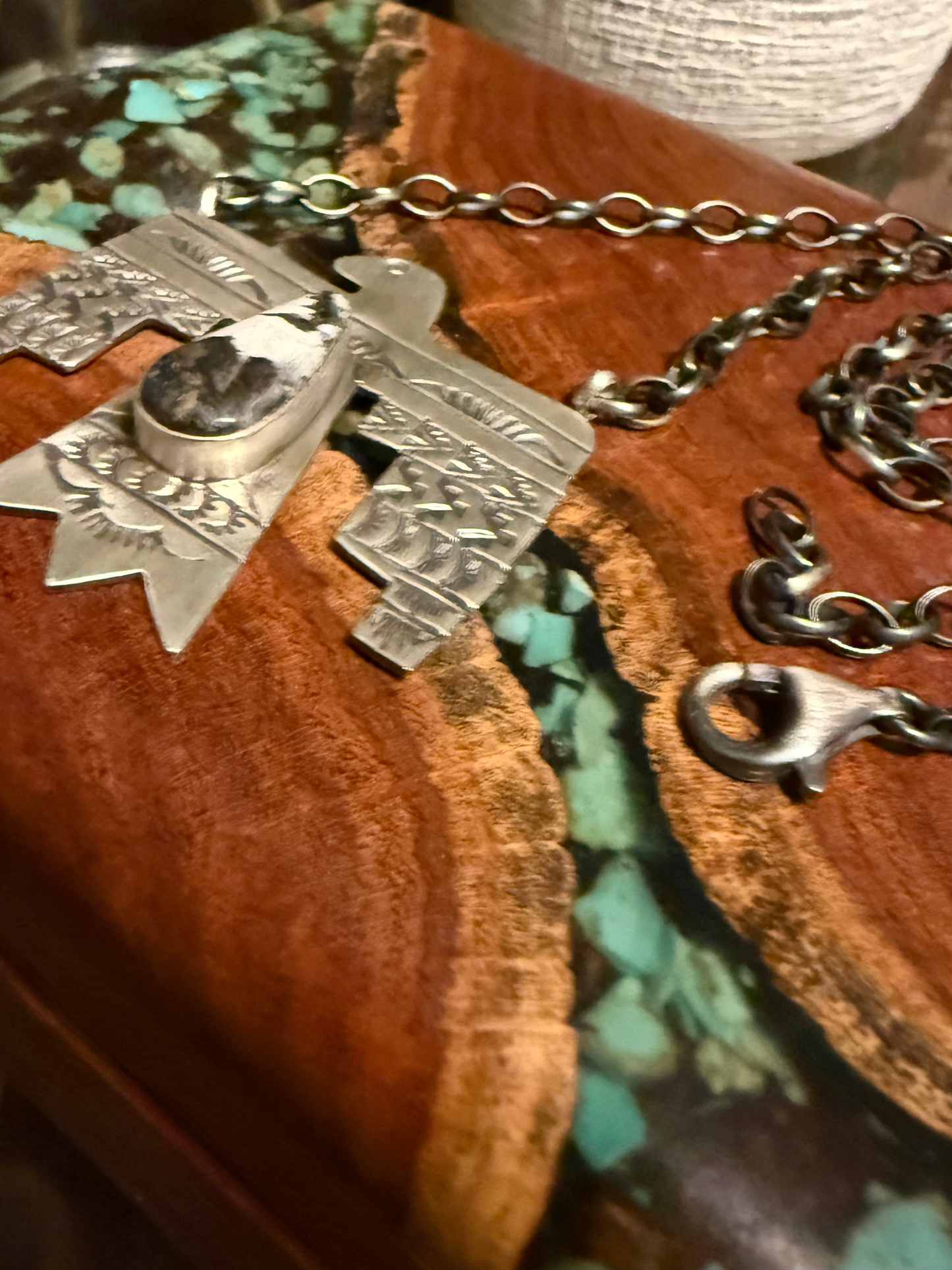 Navajo Handmade White Buffalo Thunderbird Necklace Set in Sterling Silver 18” Chain- Ricardo Enriquez