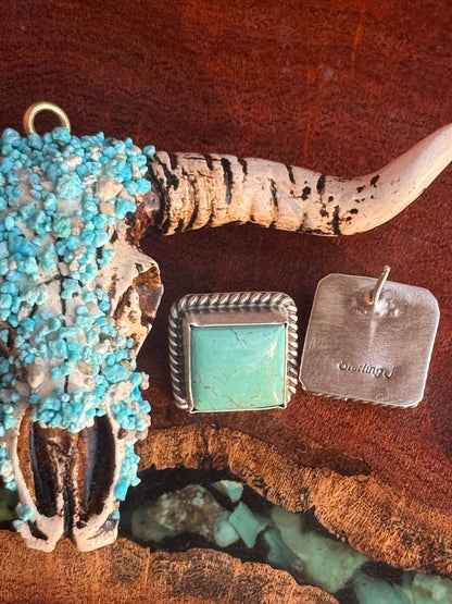Navajo Handmade Kingman Turquoise Stud Square Earrings