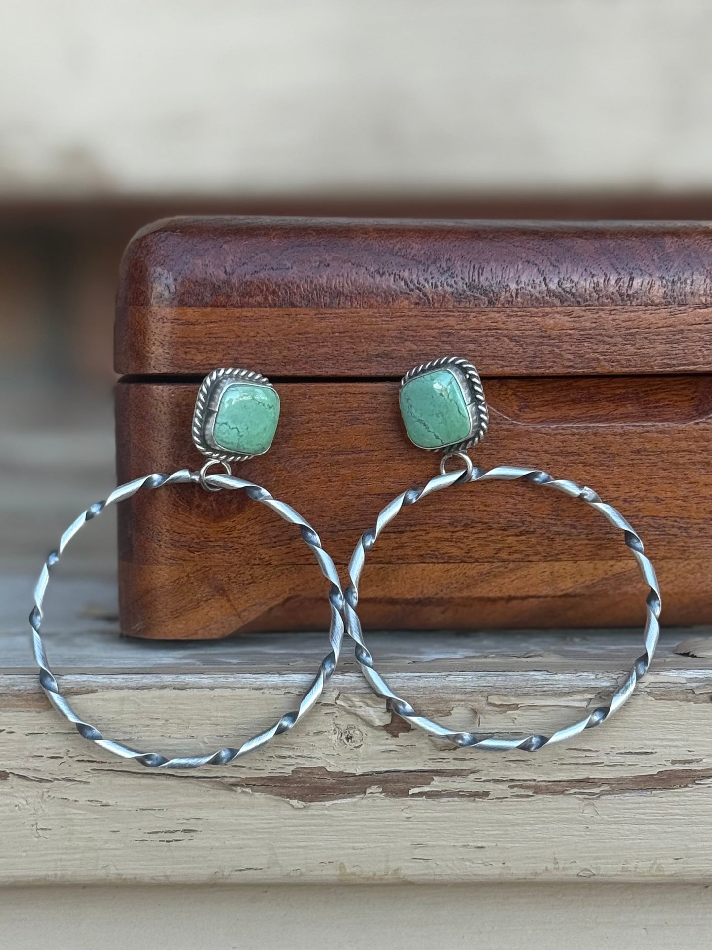 Navajo Handmade Kingman Turquoise Stud Hoops Set in Sterling Silver