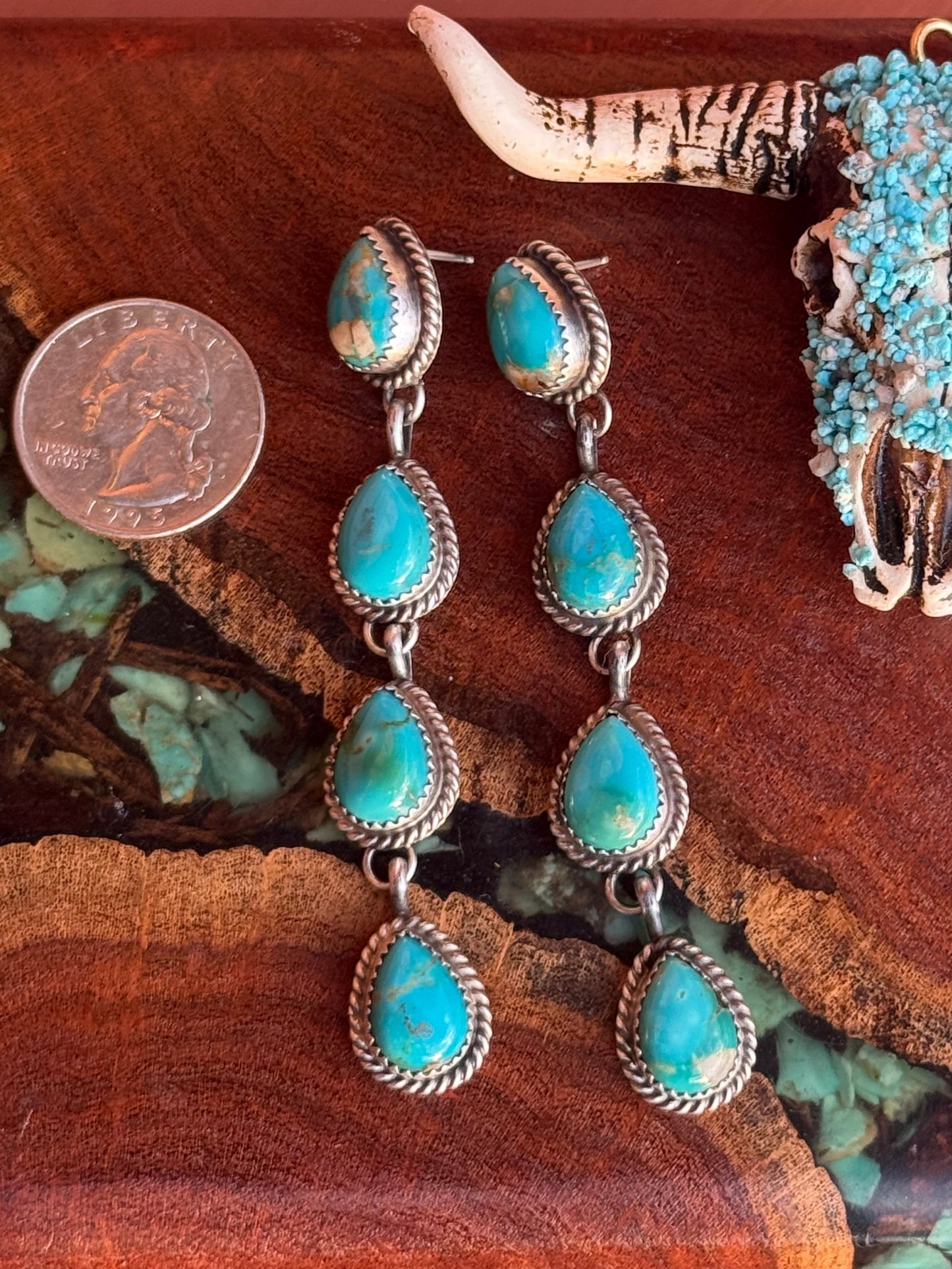 Navajo Handmade 4 Stone Kingman Turquoise Teardrop Post Dangle Earrings