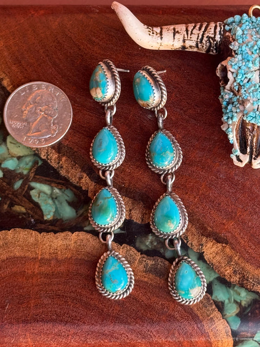 Navajo Handmade 4 Stone Kingman Turquoise Teardrop Post Dangle Earrings
