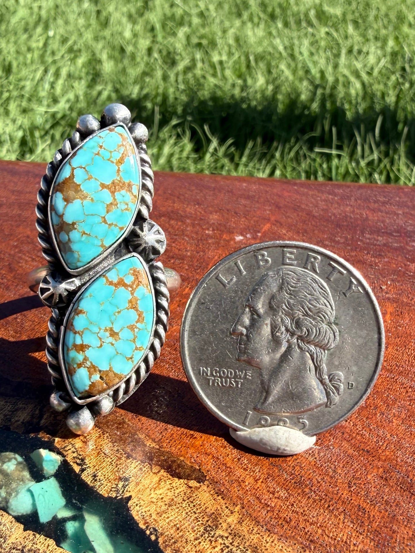 Navajo Handmade Mine 8 two-stone Adjustable Ring Set in Sterling Silver