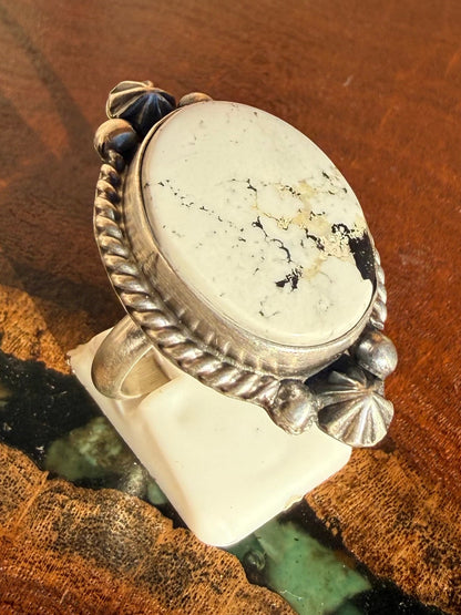 Navajo Handmade White Buffalo Adjustable Ring Set in Sterling Silver
