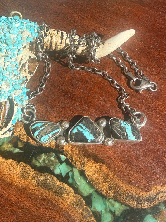 Zuni Handmade Blackjack Turquoise Three Stone Bar Necklace