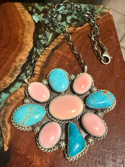 Navajo Handmade Pink Conch and Kingman Turquoise Cluster Pendant Necklace on 18” Chain