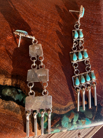 Zuni Handmade Chandelier Three Tier Kingman Turquoise Earrings ￼