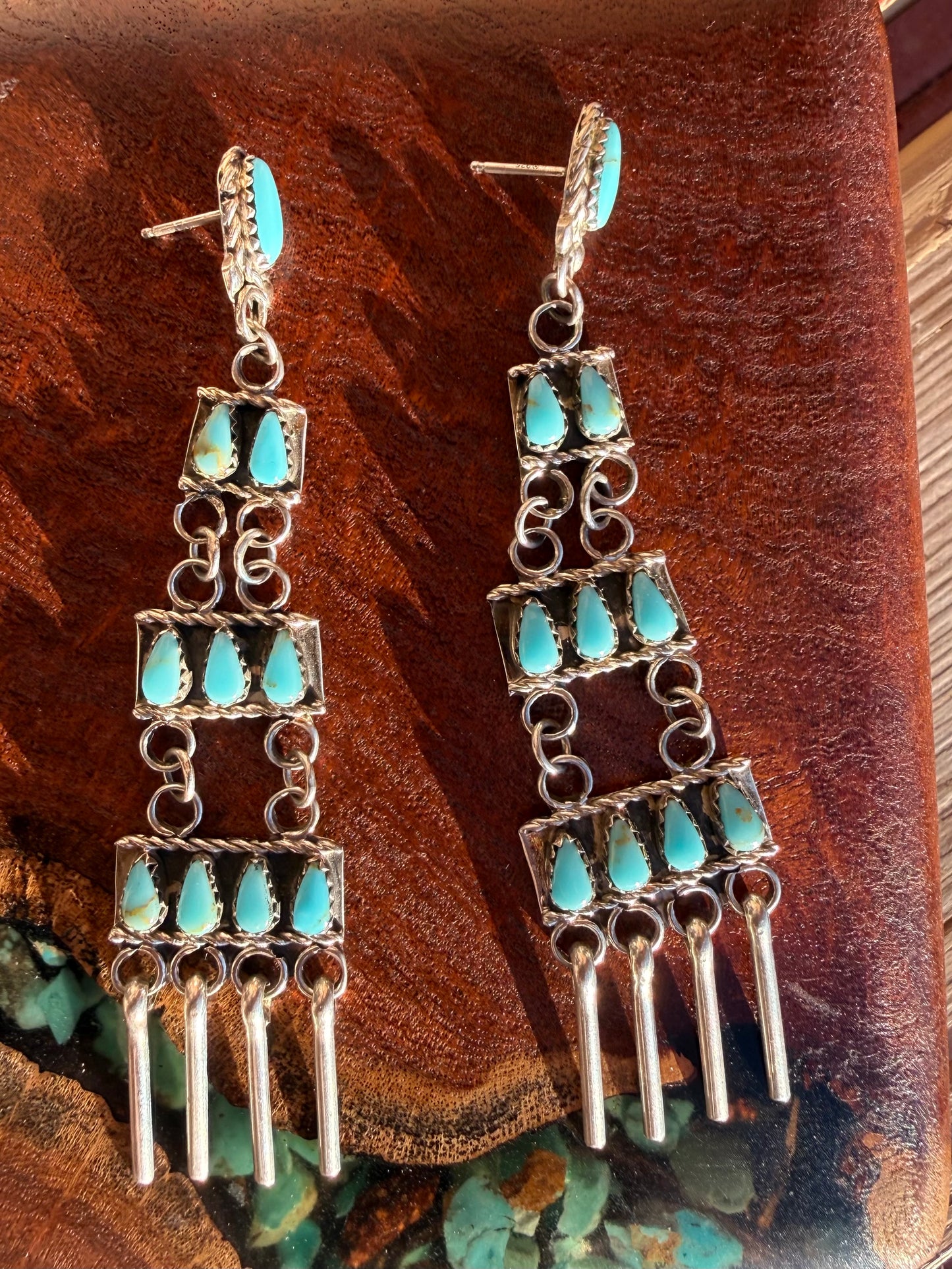 Zuni Handmade Chandelier Three Tier Kingman Turquoise Earrings ￼