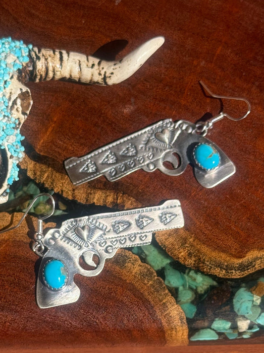 Navajo Handmade Kingman Turquoise Gun Dangle Earrings