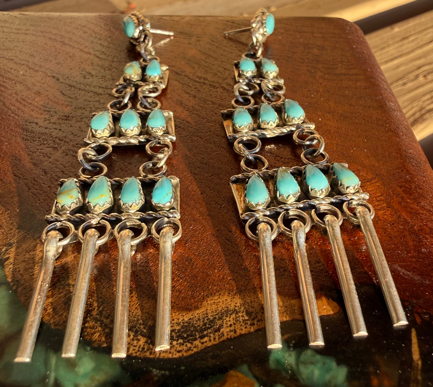 Zuni Handmade Chandelier Three Tier Kingman Turquoise Earrings ￼