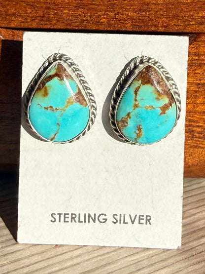 Navajo Handmade Kingman Turquoise Studs Set in Sterling Silver
