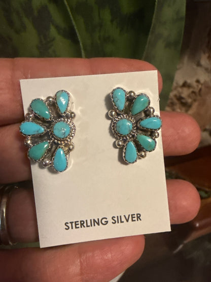 Zuni Handmade Kingman Turquoise Half Cluster Earrings Made by Alicia Wilson