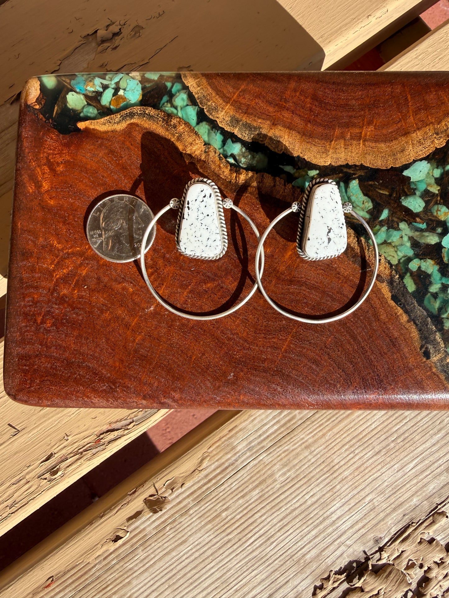 Navajo Hamdmade Magnesite Hoops Set in Sterling Silver