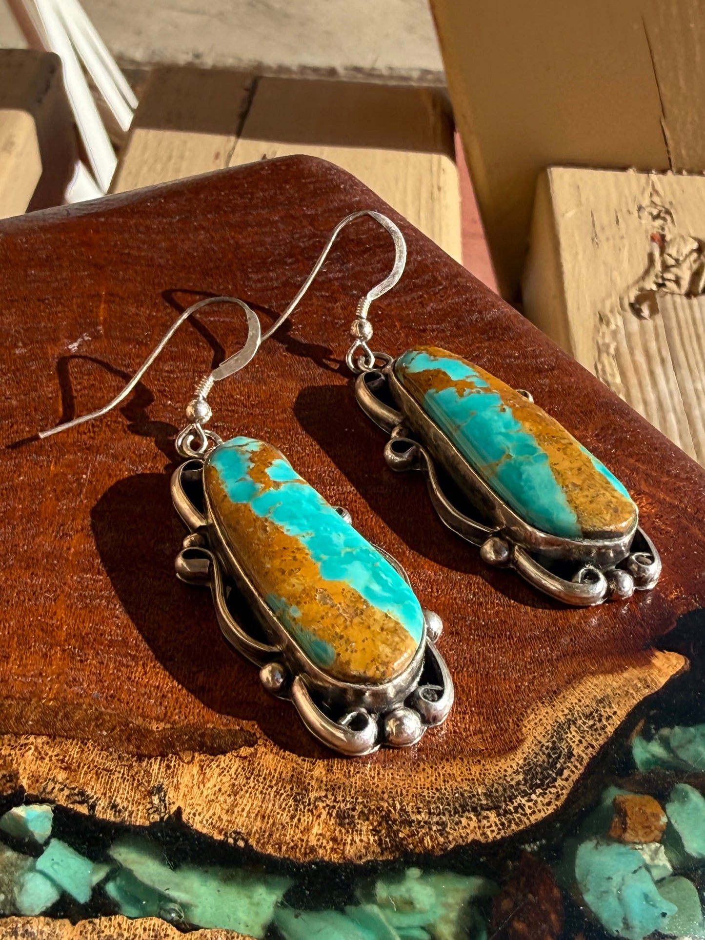 Navajo Handmade Kingman Turquoise Earrings Set in Sterling Silver