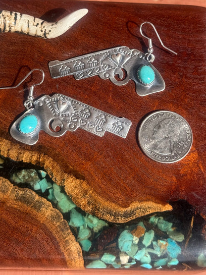 Navajo Handmade Kingman Turquoise Gun Dangle Earrings
