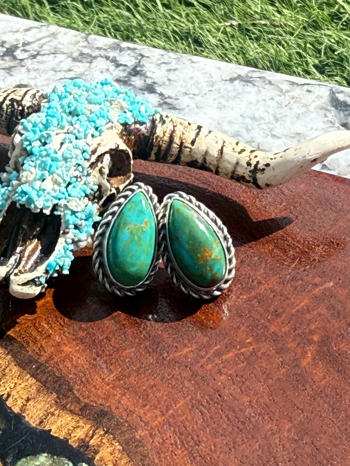 Navajo Handmade Kingman Turquoise teardrop Studs