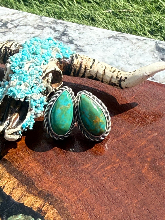 Navajo Handmade Kingman Turquoise teardrop Studs
