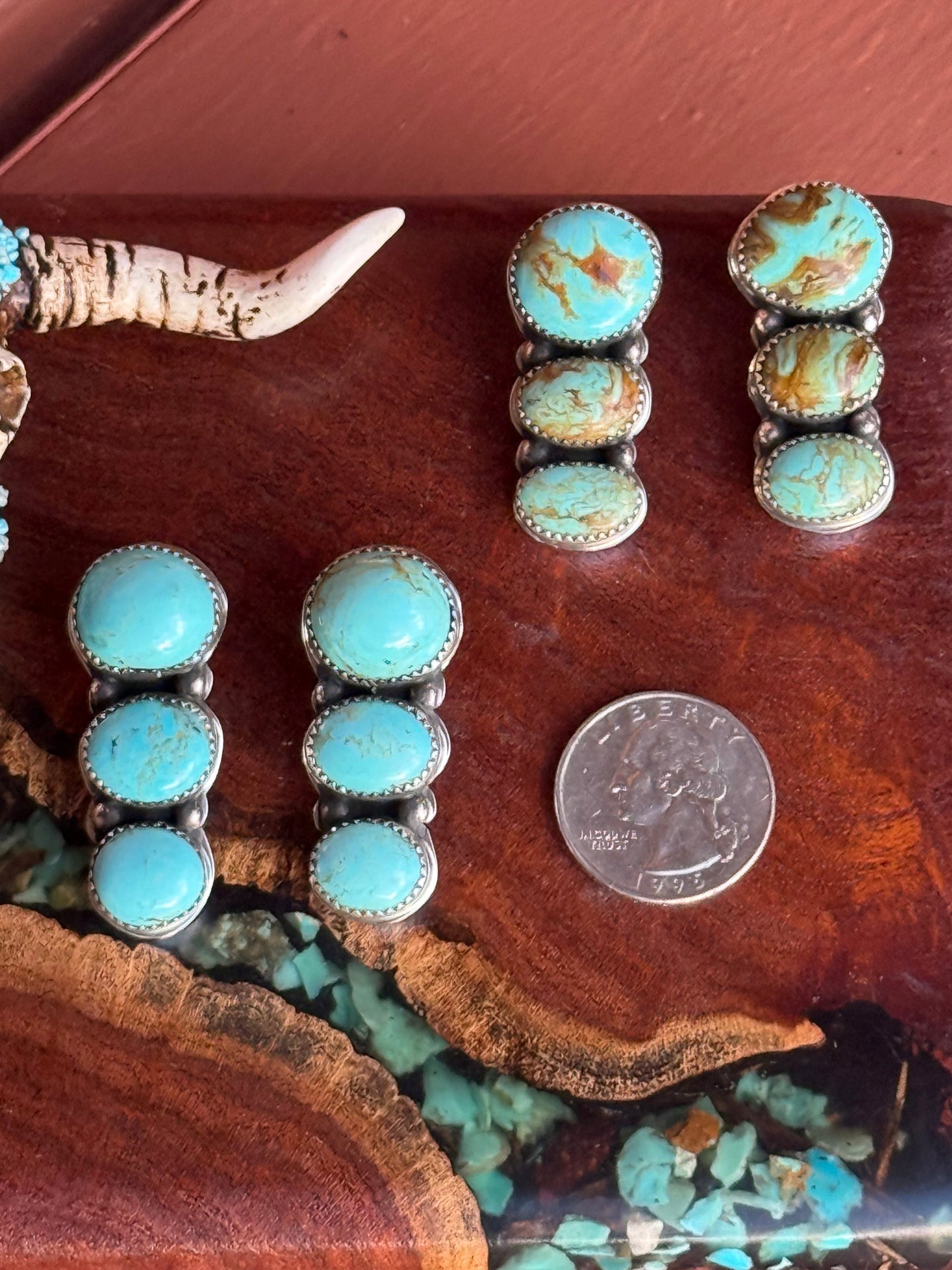 Navajo Handmade Kingman Turquoise Three Stone Stud