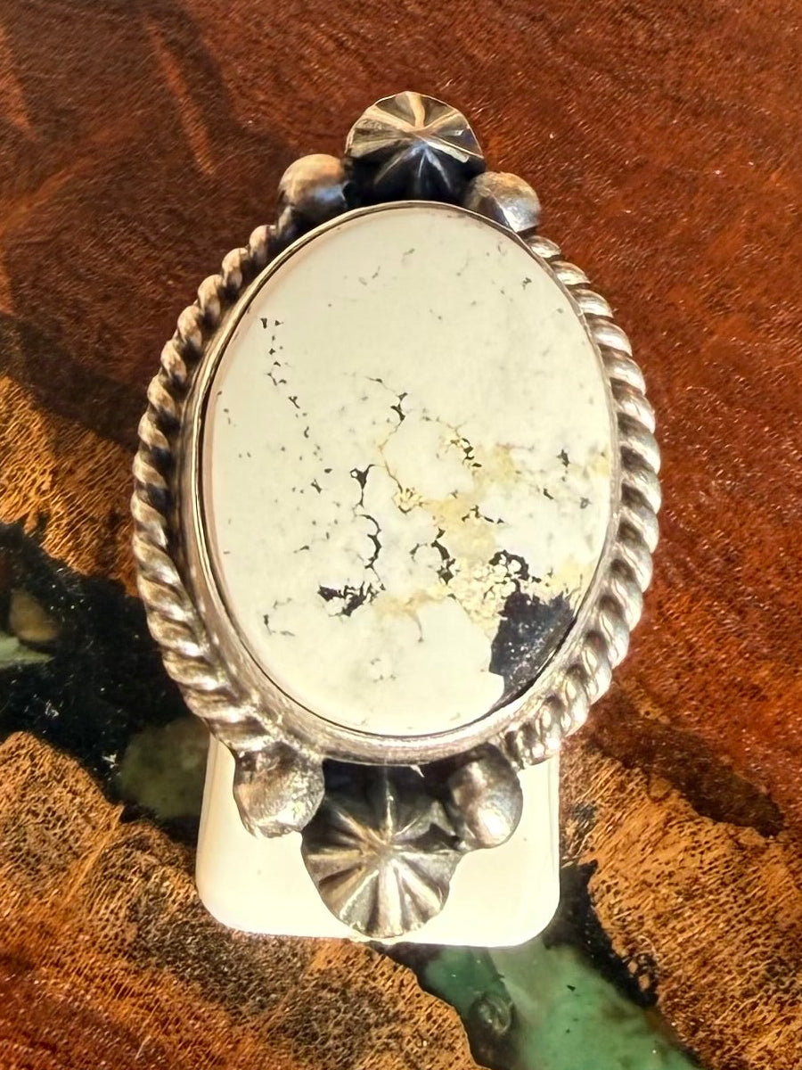 Navajo Handmade White Buffalo Adjustable Ring Set in Sterling Silver