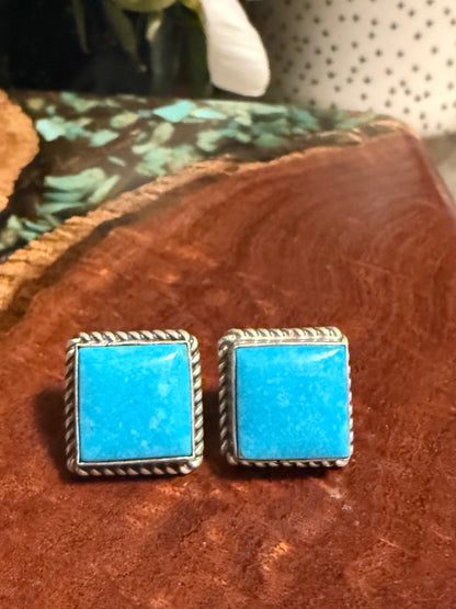 Navajo Handmade Kingman Turquoise Stud Square Earrings