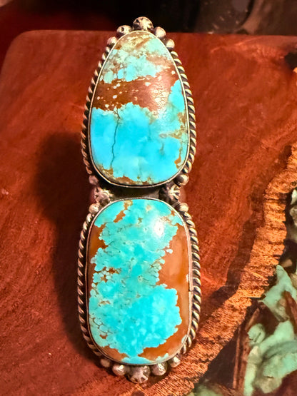 Navajo Handmade Two Stone Mine 8 Adjustable Ring Set In Sterling Silver
