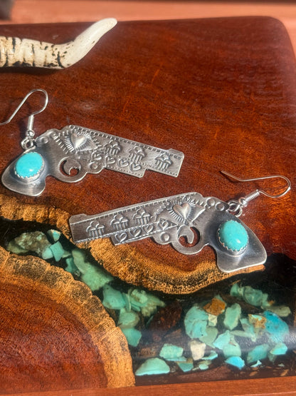 Navajo Handmade Kingman Turquoise Gun Dangle Earrings