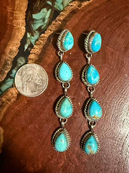 Navajo Handmade 4 Stone Kingman Turquoise Teardrop Post Dangle Earrings